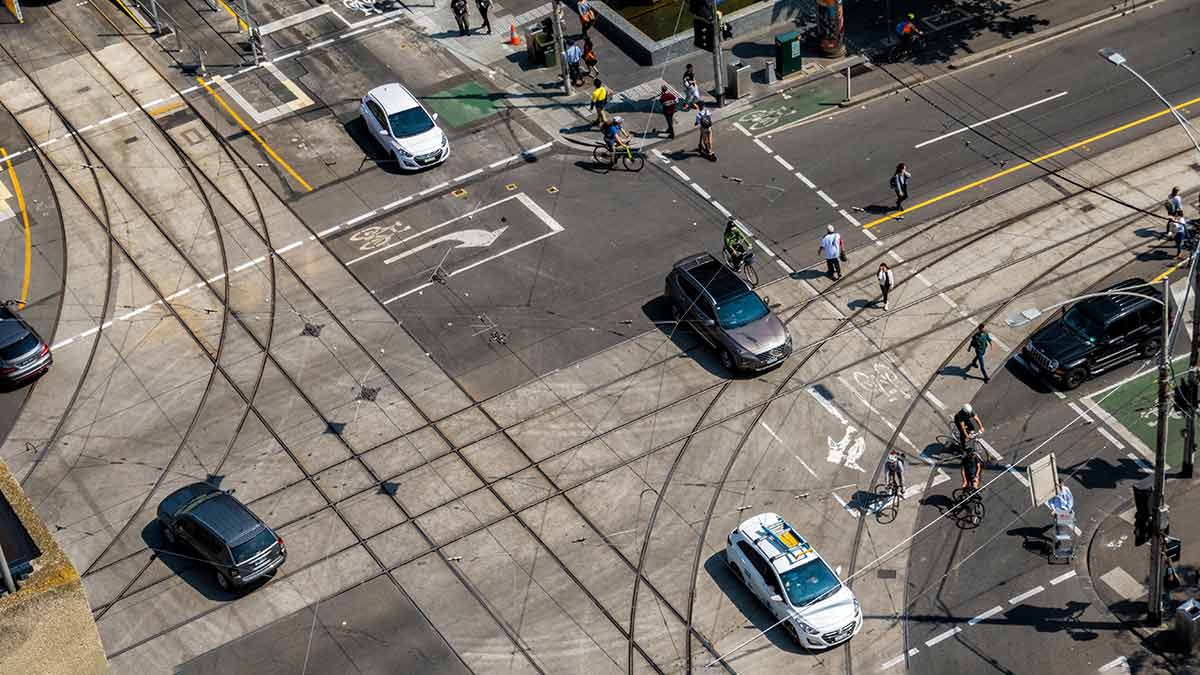 A hook turn in progress at a Melbourne intersection.